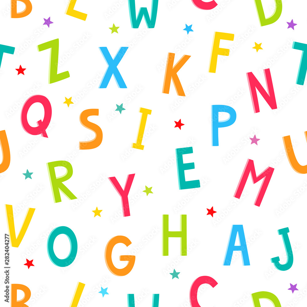 Alphabet cartoon seamless pattern with stars isolated on white. Alphabet cartoon seamless pattern with stars isolated on white.