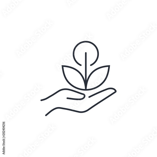 Hand. Plant. Herbal nutritional supplements. Vector linear icon on a white background.