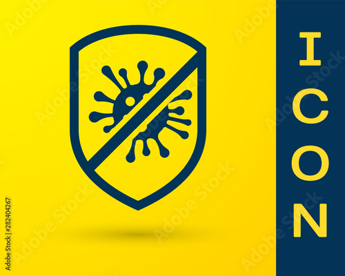 Blue Stop virus, bacteria, germs and microbe icon isolated on yellow background. Antibacterial and antiviral defence, protection infection. Vector Illustration