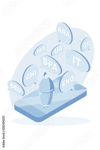 Multi-language translator concept illustration. Online translator in mobile phone or another device. Translate foreign language fast and easy. Global wireless technology. Flat vector illustration