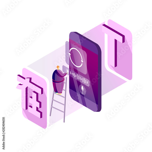 Users translating speech with smartwatch. Online translator in mobile phone or another device. Translate foreign language fast and easy. Global wireless technology. Flat vector illustration