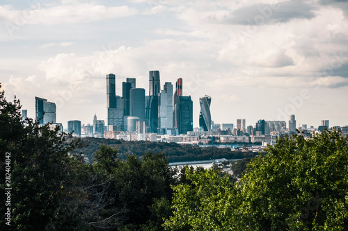 Beautiful panoramic view of the business center of Moscow city from the Sparrow hills. Top view of Moscow city center.