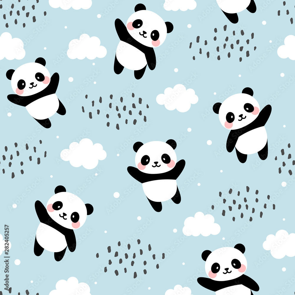 Obraz premium Panda Seamless Pattern Background, Happy cute panda flying in the sky between clouds and star, Cartoon Panda Bears Vector illustration for kids forest background with rain dots