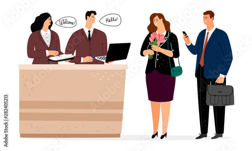 Reception in hotel. People doing check in. Vector receptionist man, travel service hall illustration