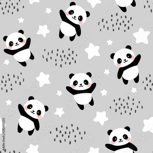 Fototapeta Naklejka Na Ścianę i Meble -  Panda Seamless Pattern Background, Happy cute panda flying in the sky between clouds and star, Cartoon Panda Bears Vector illustration for kids forest background with rain dots