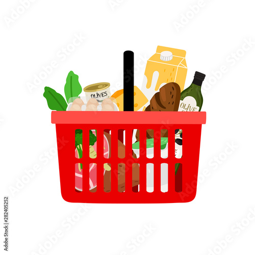 Shopping basket with products isolated on white background. Basket shop with purchase, supermarket basketful, vector illustration