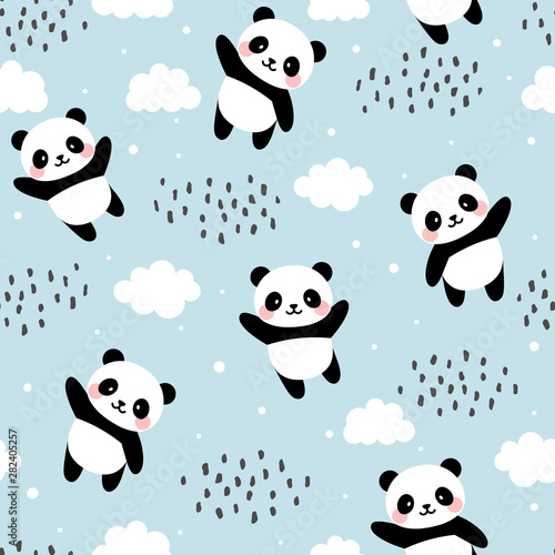 Panda Seamless Pattern Background, Happy cute panda flying in the sky between clouds and star, Cartoon Panda Bears Vector illustration for kids forest background with rain dots