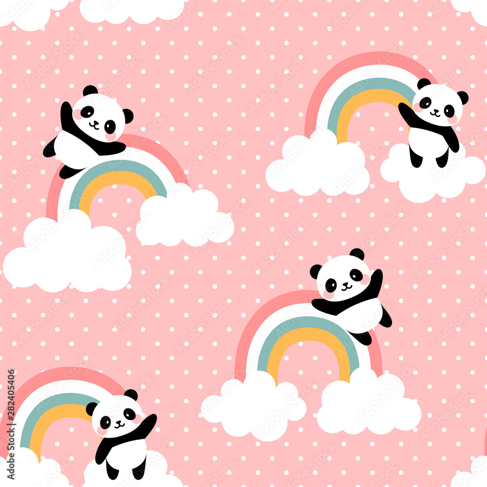 Panda Seamless Pattern Background, Happy cute panda flying in the sky  between clouds and star, Cartoon Panda Bears Vector illustration for kids  forest background with rain dots Stock Vector | Adobe Stock