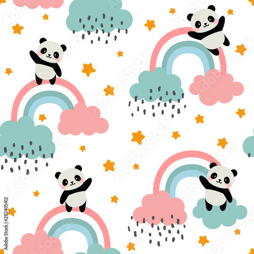 Photography Panda Seamless Pattern Background, Happy cute panda flying in the sky between cl