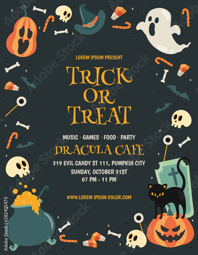 Happy Halloween Poster Background Template. Halloween Party, Trick or Treat. Pumpkin, Cat, Bat, Moon, Ghost, Skull, Witch, Eye Ball, Cemetery. Vector illustration.