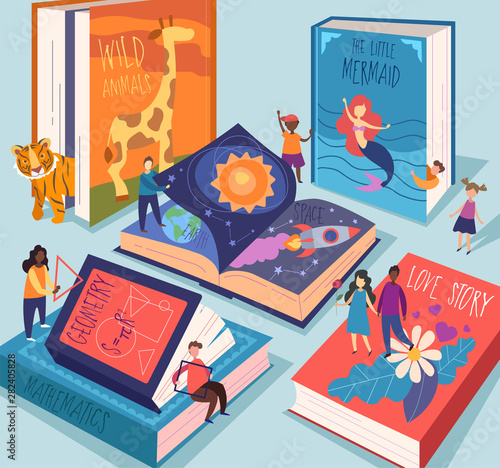 Cute tiny people reading different giant books and textbooks. Concept of book world, readers at library, literature lovers or fans. Colorful vector illustration in flat cartoon style