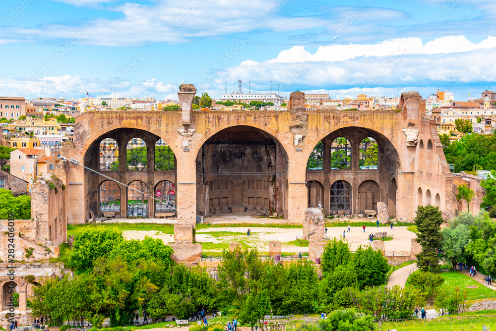 Monumental arches of Basilica of Maxentius, Italian: Basilica di Massenzio, ruins in Roman Forum, Rome, Italy
