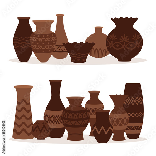 Greek vases. Ancient decorative pots isolated on white background. Group pottery amphora, vase and bowl, pots greek decorative ceramic illustration