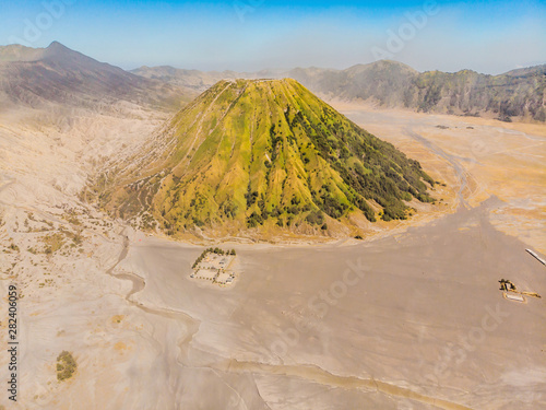 Aerial shot of the Bromo volcano and Batok volcano at the Bromo Tengger Semeru National Park on Java Island  Indonesia. One of the most famous volcanic objects in the world. Travel to Indonesia