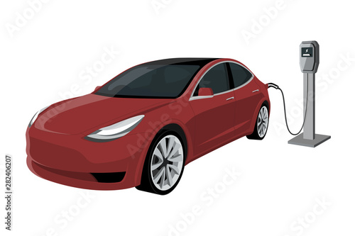 Electric car with charging station. Vector illustration EPS 10
