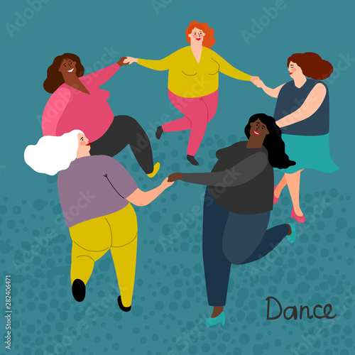 Fatty international women get dance vector illustration. Plump woman dance in round