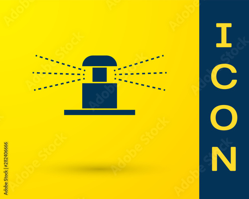 Blue Automatic irrigation sprinklers icon isolated on yellow background. Watering equipment. Garden element. Spray gun icon. Vector Illustration