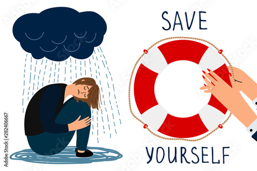 Save yourself vector concept. Depressed girl and lifebuoy illustration. Save yourself lifebuoy, under rain depressed
