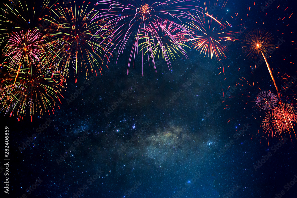Fototapeta Fireworks with blur milky way background