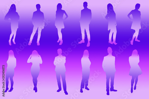 Silhouettes of young people. Girls and boys in full growth. Colored silhouette on a purple-violet background  contour.