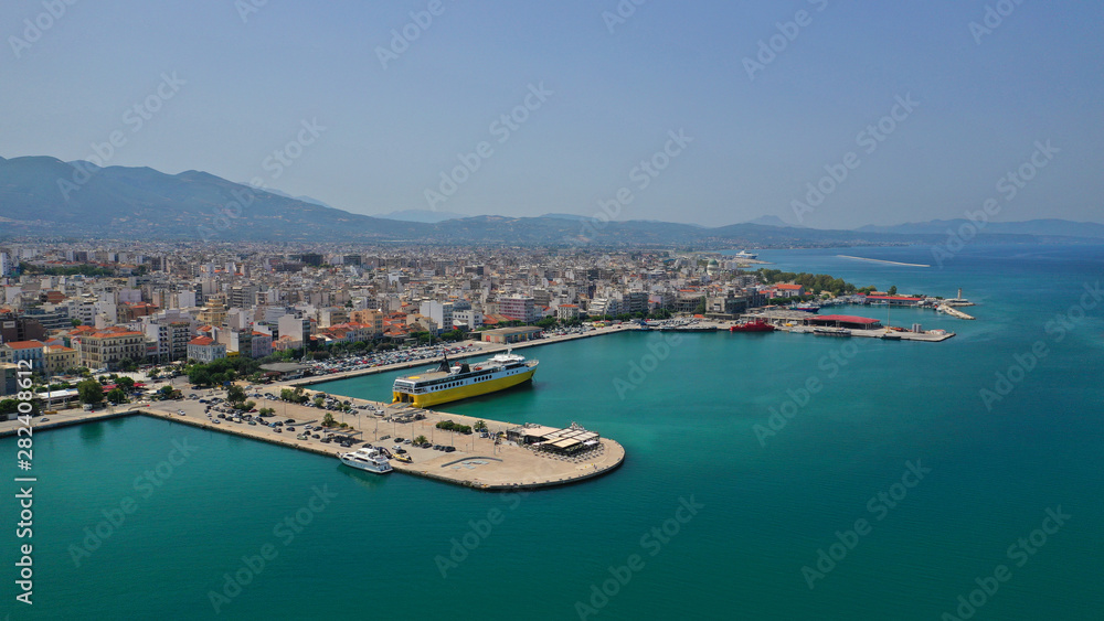 Fototapeta premium Aerial drone photo of Port and main town of Patras, Achaia, Greece