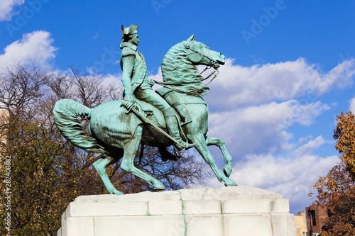 Bronze equestrian statue of George Washington located at the centre of Washington Circle, Foggy Bottom, Washington DC
