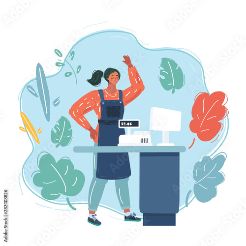 Cashier in the apron and buyer pays purchase.