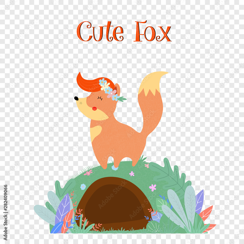 Cute fox in flower wreath stand on foxy burrow