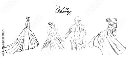 Wedding couple Vector line art set. Bride silhouette vintage style. Beautiful long dress . Template for design cards