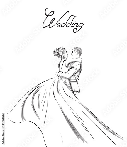 Vászonkép Wedding couple Vector line art