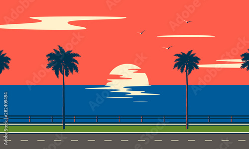 Trip on road to sea. Sunset summer tropical beach with palm trees and sea. Nature landscape and seascape. 