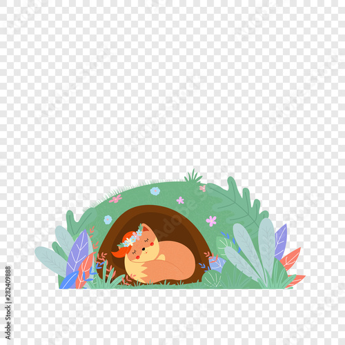 Cute fox in wreath sleep in foxy burrow isolated