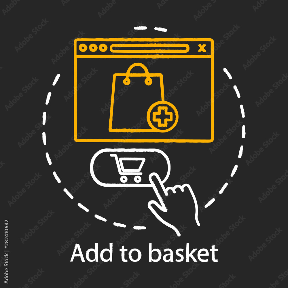 Add to basket concept chalk icon. Digital purchase idea. Online shopping. Internet marketing. Online retail. Place order. Vector isolated chalkboard illustration
