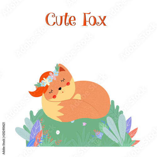 Cute fox sleep on green field isolated hand drawn