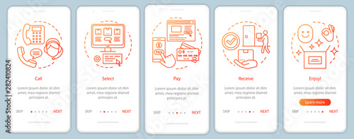 Online shopping onboarding mobile app page screen with linear concepts. Call, select, pay, receive, enjoy. Steps graphic instructions. UX, UI, GUI vector template with illustrations