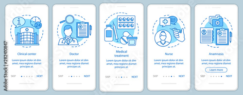Medicine and healthcare onboarding mobile app page screen with linear concepts. Call, select, pay, receive, enjoy. Steps graphic instructions. UX, UI, GUI vector template with illustrations