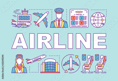 Airline word concepts banner. Airport terminal. Cabin crew, passenger. Pilot, flight attendant. Presentation, website. Isolated lettering typography idea with linear icons. Vector outline illustration