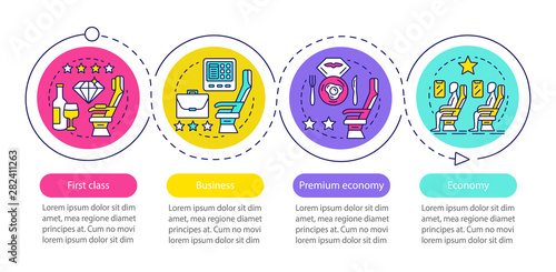 Aircraft travel class seat vector infographic template. Business presentation design elements. Data visualization with four steps and options. Process timeline chart. Workflow layout with linear icons