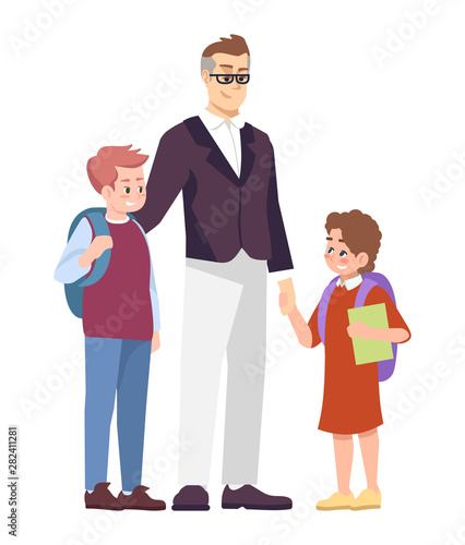 Father with schoolchildren flat vector illustration. Parent taking from school preteen son and daughter cartoon characters isolated on white background. Happy brother and sister communicating