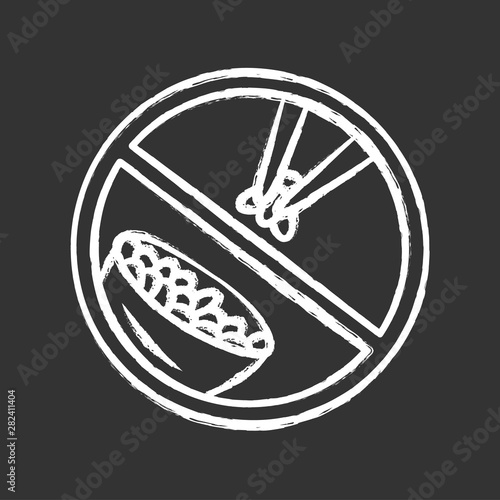 No rice diet chalk icon. No carbs dish label. Low calories food. Weight loss and healthy eating. Asian traditional cuisine. Bowl with meal and chopsticks isolated vector chalkboard illustration