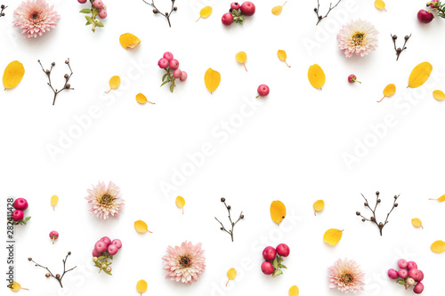 Autumn Background With Pink Flowers, Berries And Yellow Leaves