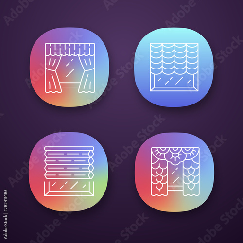 Window blinds app icons set. Austrian, cellular shades, lace curtains, window treatment set. Office interior design. UI/UX user interface. Web or mobile applications. Vector isolated illustrations