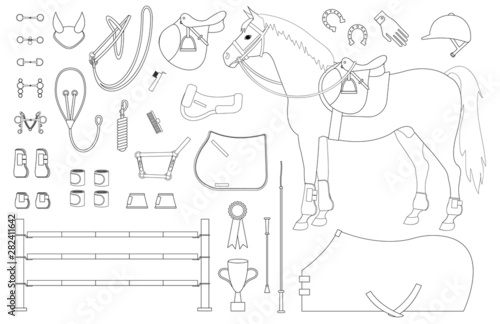 Vector flat outline set of horse riding equestrian sport equipment isolated on white background