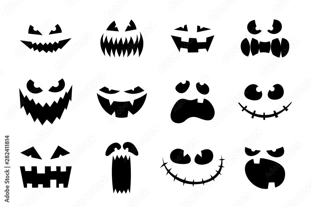 Halloween monster jack lantern pumpkin carved glowing scary face set on white background. Holiday cartoon character collection for celebration design. Vector spooky illustration Halloween monster jack lantern pumpkin carved glowing scary face set on white background. Holiday cartoon character collection for celebration design. Vector spooky illustration
