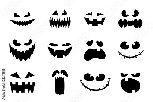 Halloween monster jack lantern pumpkin carved glowing scary face set on white background. Holiday cartoon character collection for celebration design. Vector spooky illustration