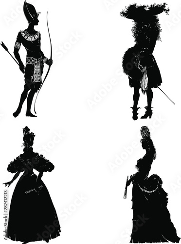 Vector hand drawn silhouettes of people wearing different ancient clothes. Egiptian, european  18 and 19 century