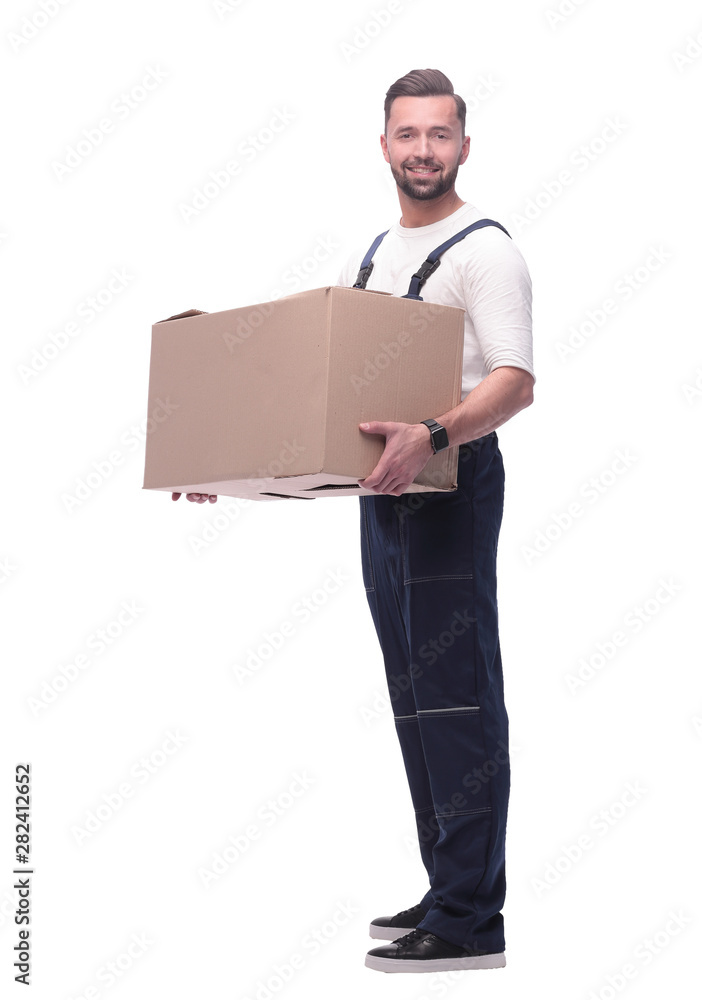 man in workwear with cardboard box isolated on white background man in workwear with cardboard box isolated on white background