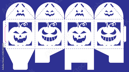Openwork box with a lace ornament. Vector bonbonniere for Halloween party. Laser cutting template. Silhouette of pumpkin. Cube gift framework to print, cut and fold.