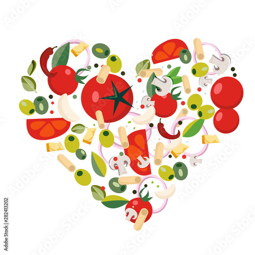 Heart shape with Mediterranean icons. Ingredients - tomato, olive, onion, pepper, mushroom, pasta, cheese,chili,garlic, oregano. italian food illustration in heart form.Flat illustration