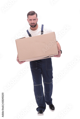 in full growth. a smiling man with cardboard boxes on his shoulders © ASDF